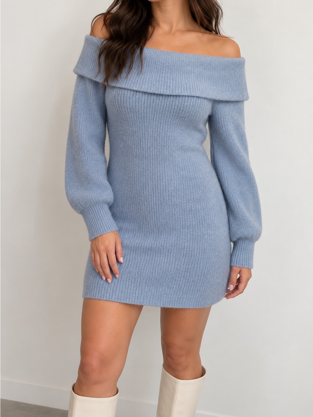 H&M Light Blue Off Shoulder Knit Sweater Mini Dress Size M